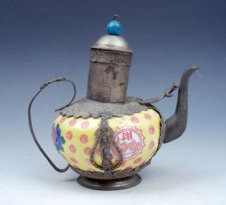 Vintage Bronze Kwan - Yin Yellow Porcelain Flowers Painted Decor Teapot W/ Pi - Xiu