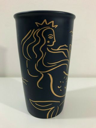 Starbucks Travel Mug Dark Blue Gold Mermaid Siren Lid 2017 12 Oz Coffee Ceramic