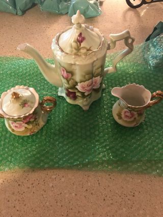 Small Tea Set Pale Green Gold Trim Porcelain Vintage Pink 5 Piece