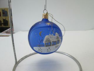 Unsilvered Glass Hand Painted House Scene Blue Christmas Ornament W Stars 4572