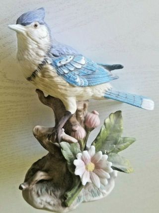 Homco Blue Bird Blue Jay 1445 Porcelain Figurine On Branch Flower 6,  Inches Tall