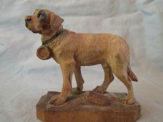 Carved Wood Black Forest St.  Bernard Dog On Base,  Glass Eyes,  2.  5 " Tall