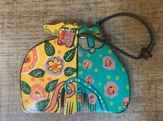 Laurel Burch Dog Cat Wooden Ornament Bag Purse Wood Tag 3x2.  5 Leather Kindred
