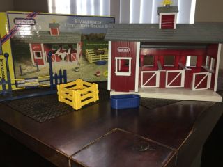 Horse And Stable Toy For Kids With Red Barn,  Jump,  Blue Water Trough,  And Fence.