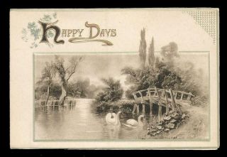Y10 - Pond With Wooden Bridge And Swans - Tuck Folding Vintage Xmas Card
