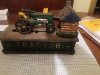 Vintage John Deere Cast Iron Toy Farm Tractor Green And Yellow Change Bank