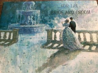 Elegant Bride Groom Wedding Teal Moonlight Water Fountain Glitter Vtg Card