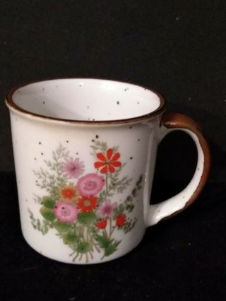 Speckled Stoneware Mug Vintage Floral Japan Brown Handle Pink Flower Coffee 70s