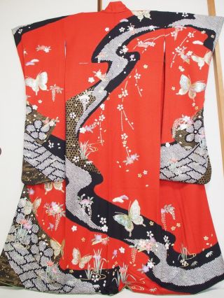 Vintage Japanese Silk Kimono Dress Furisode,  Butterfly,  Sakura,  Ume,  Red K901