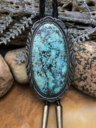 Huge 3 " Vintage Native American Navajo Sterling Silver Spiderweb Turquoise Bolo