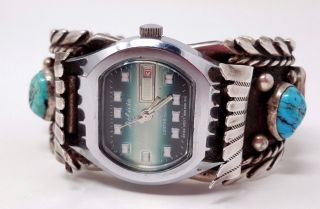 Vintage Jm Sterling Silver Navajo Turquoise Red Coral Cuff Bracelet Watch Bulova