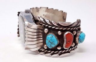 Vintage JM Sterling silver Navajo Turquoise Red Coral Cuff Bracelet Watch Bulova 2