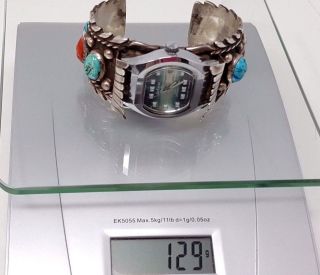Vintage JM Sterling silver Navajo Turquoise Red Coral Cuff Bracelet Watch Bulova 3