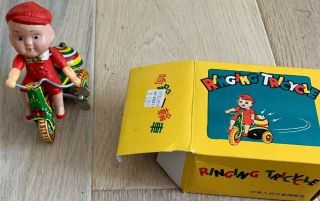 TIN TOY RINGING TRICYCLE WIND UP TOY,  MADE IN CHINA BOX vintage 3