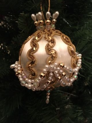 Vintage Handmade Ornate Fancy Beaded Sequin Satin Christmas Ornament - Large 10”