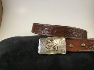 Vintage Sterling Silver 10k Gold Western Buckle Leather Belt 1960’s Cowboy Bronc