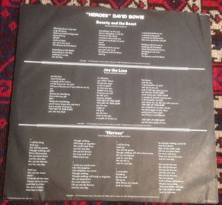 DAVID BOWIE heroes 1977 US RCA VICTOR STEREO VINYL LP,  LYRIC INNER SLEEVE 3