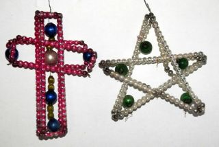Vintage Strung Cross & Star Shaped Mercury Glass Christmas Ornament Pair - U.  S.  A