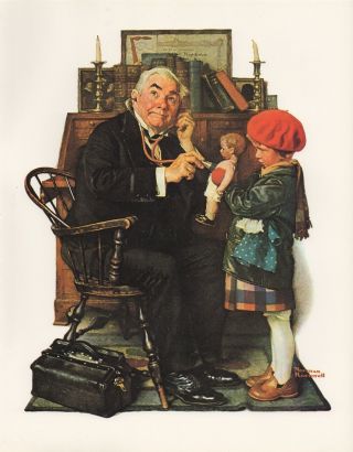 Norman Rockwell Print " Doctor And Doll " Little Girl Office Lithograph 8 " X 10 "