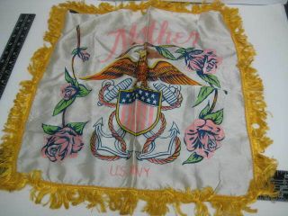 Vtg Mother - U.  S.  Navy Souvenir Pillow Cover Gold Fringed Satin Wwii Era