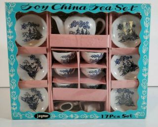 Vintage Jaymar Toy China Tea Set Japan White Blue Oriental Tree House Scene