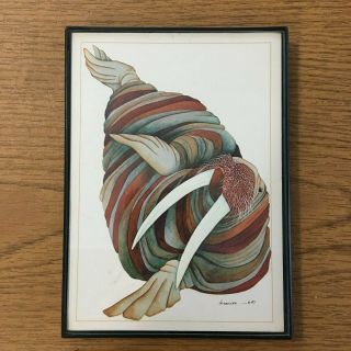 Vintage Framed Print Of A Multi - Colored Striped Walrus Signed 1983