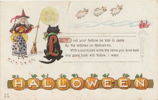 1913 Halloween Postcard Witch Black Cat Full Moon Owls Pumpkins Emboss