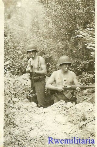 Warriors Bare Chested Us Soldiers In Foxhole W/ M1 Garand Rifles; France