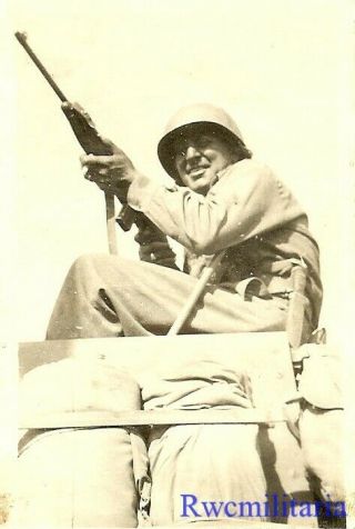 On Watch Us Soldier Posed On Armored Vehicle Holding M1 Carbine Rifle