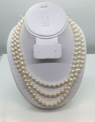 Vintage 14k Salt Water Cultured Pearl 3 Strand Necklace 7.  8 Mm 17 1/2 "