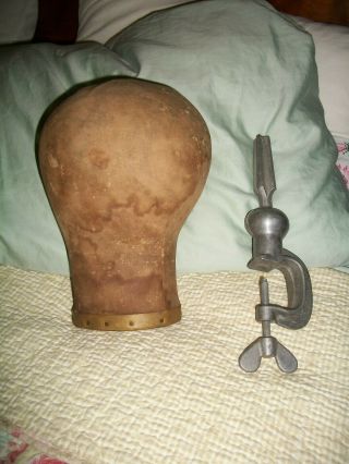 Vintage Millinery Cloth Canvas Mannequin Head Size 21 1/2 Wig Hat Block W/ Clamp