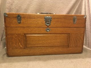 H.  Gerstner & Sons Vintage Oak Machinist 5 Drawer Tool Box Chest No Key,  26 " Lg