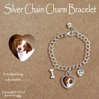 Brittany Spaniel Dog - Charm Bracelet Silver Chain & Heart