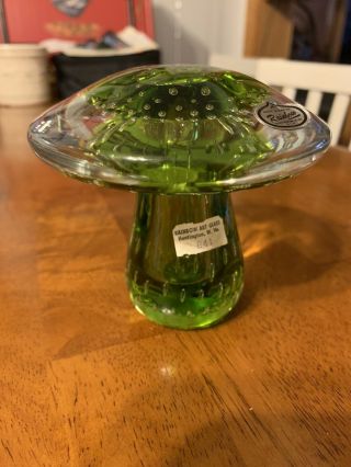 Vintage Rainbow Glass Mushroom Paperweight Hand Blown Art Glass Green Clear Usa