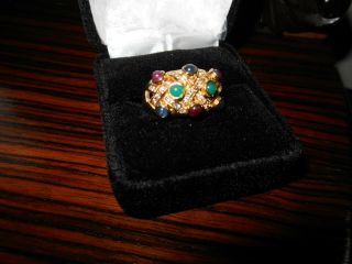 Vintage Cabochon Ruby Emerald Sapphire Diamond 18k Yellow Gold Band