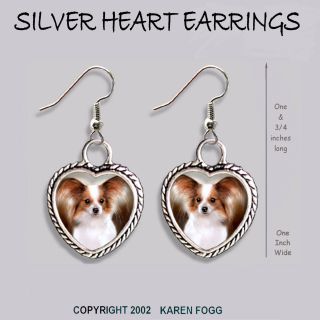 Papillion Dog Red White - Heart Earrings Ornate Tibetan Silver