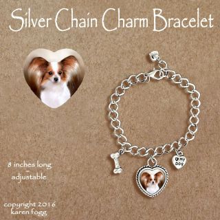 Papillion Dog Red White - Charm Bracelet Silver Chain & Heart