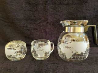 Vintage Nestle Nescafe Glass World Globe Carafe,  Creamer & Sugar Bowl Great Cond