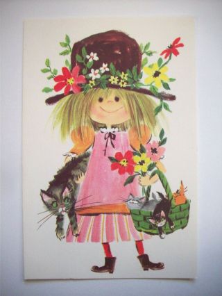 Flower Girl With Basket Of Kittens Cats Vintage Birthday Card 1m