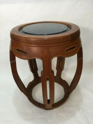 Vintage Chinese Wood Plant Stand With Marble Top,  18 1/2 " High,  13 " Diameter