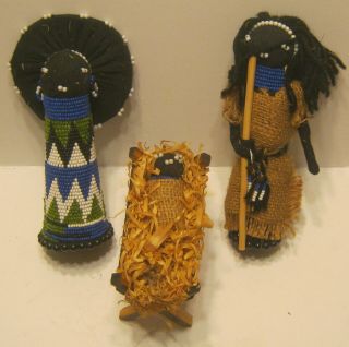3 Handmade Black Nativity Figures Angel Wise Man & Baby Jesus In Manger Nr
