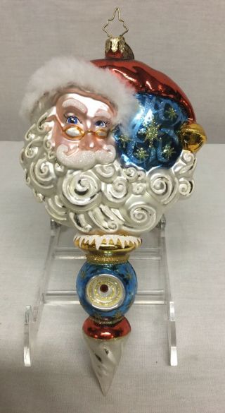 Christopher Radko " Santa Face With Blue Sky And Stars " Glass Holiday Ornament