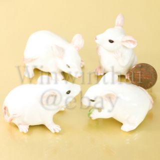 4 White Mouse Rat Mice Ceramic Statue Pottery Miniature Animal Figurine