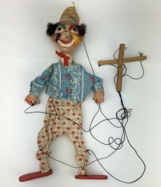 Vtg.  Mexican Clown Folk Art Marionette Pull String Puppet Spooky Scary Haunted