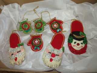 Vintage Christmas Sequin Ornaments Snowman Santa Claus Mittens Slippers (t459)