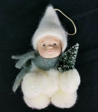 Vintage Cotton Snow Baby Ornament Christmas Pom Pom Fleece Porcelain Face Tree