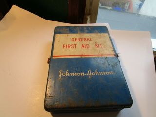 Vintage Johnson & Johnson General First Aid Kit Blue Metal 1970 