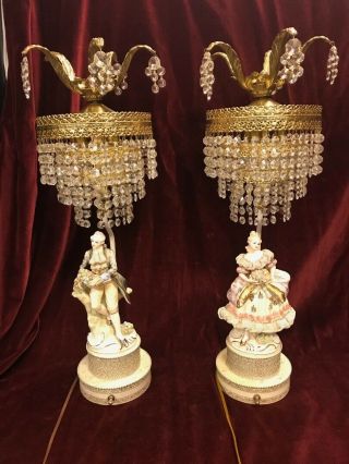 Vintage Pair Porcelain Figural Crystal Chandelier Table Lamps Victorian