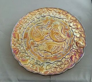 Three French Hens,  12 Days Of Christmas,  Marigold Amber Carnival Glass Plate