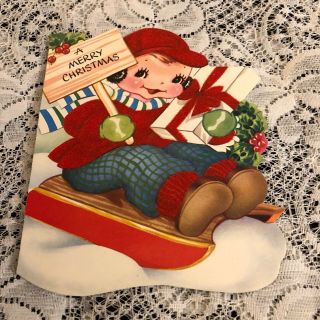Vintage Greeting Card Christmas Boy On Sled Flocked Gift